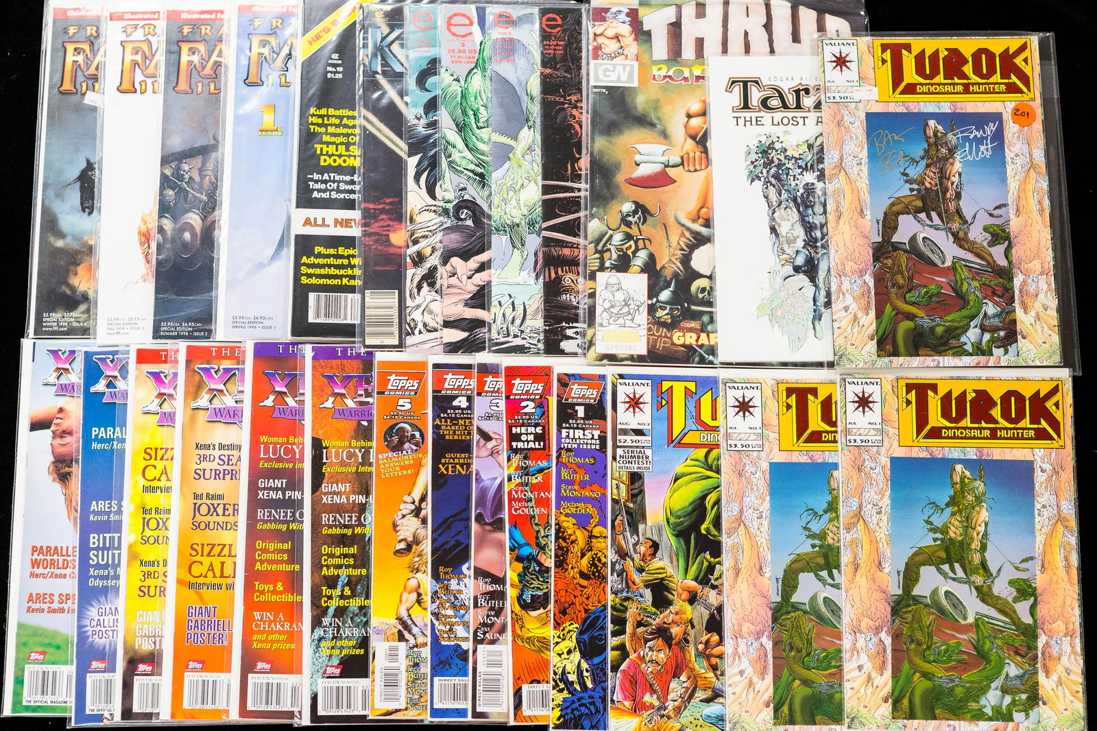 Barbarian Comics Mix: Three foil covered #1 edition Turok Dinosaur Hunter by Valiant, one is signed by Steven Massarsky with COA ltd edition of 5500, plus edition #2 (no foil/no sign), 4 Frank Frazetta Fantasy Illustrated