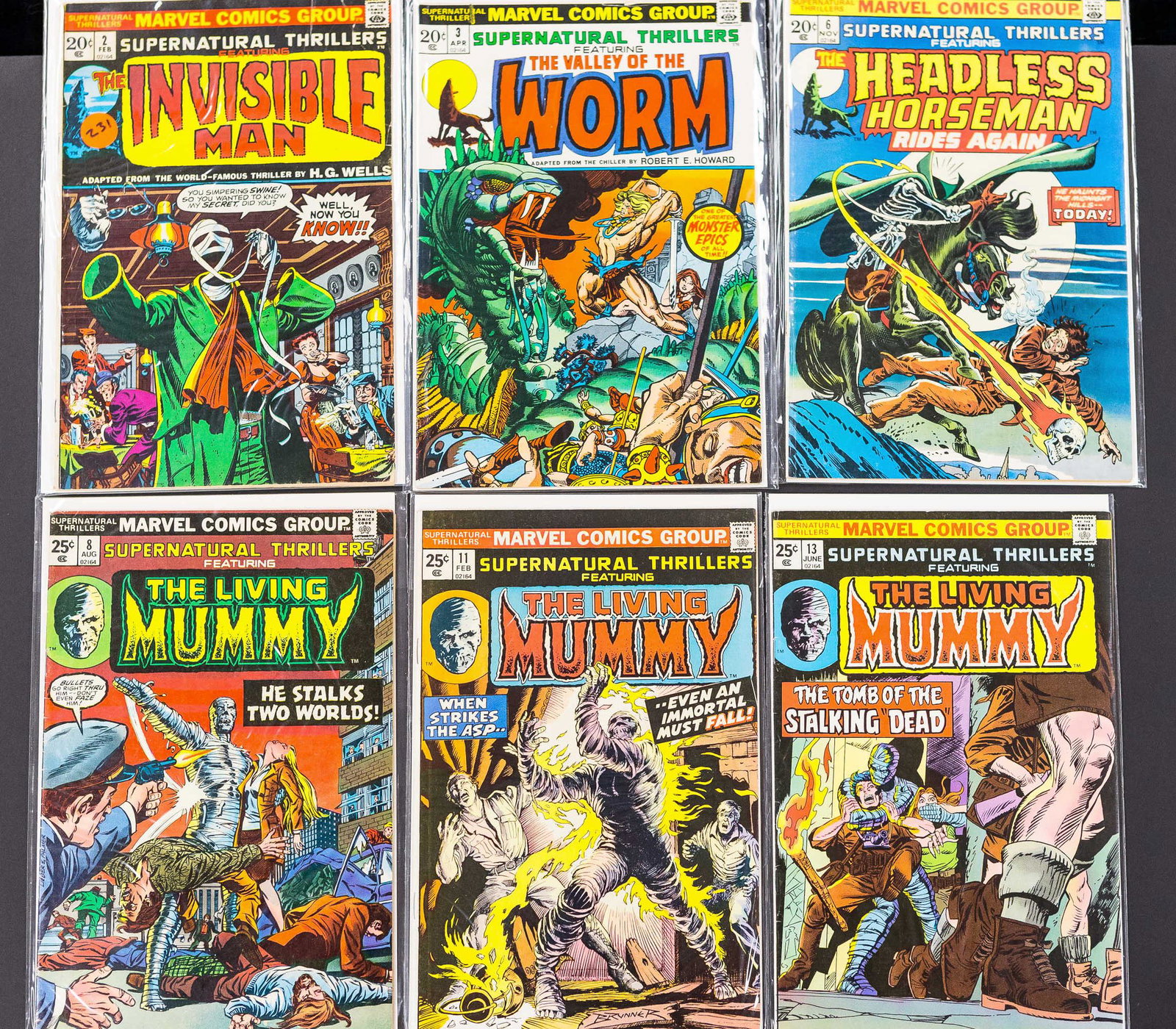 Vintage 20/25 Cent Monster Comics (6): Marvel Comics Group Supernatural Thrillers featuring Invisible Man 20 Cent 2/Feb; The Valley of the Worm 20 Cent 3/Apr; The Headless Horseman Rides Again 20 Cent 6/Nov; The Living Mummy 25 Cent 8/Aug,