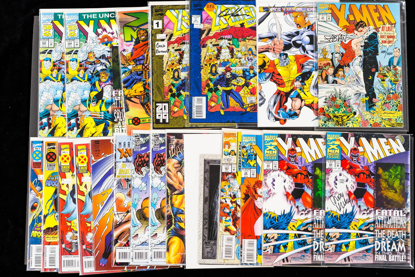 Signed X-Men Comics and Related: One signed X-Men 2099 issue #1 with 2 signatures ltd edition 8035/10000 COA Ron Lim and Adam Kubert; X-Men 330 signed by Fabian Nicieza ltd ed 888-7500 with COA ; 2 copies of X-Men issue #25 one is si