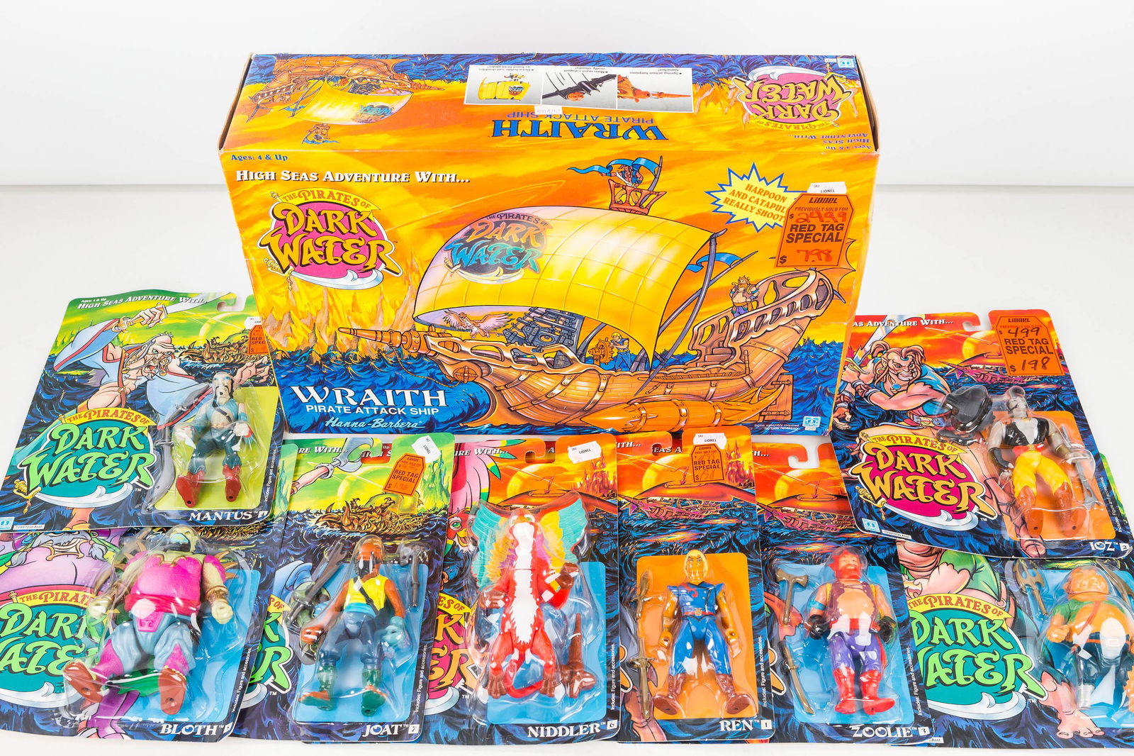 Dark Water Pirate Ship and Eight Figures: Set of eight Hasbro 1991 Pirates of Dark Water figures in original packages. Lot also includes the Wraith Pirate Attack Ship #7241