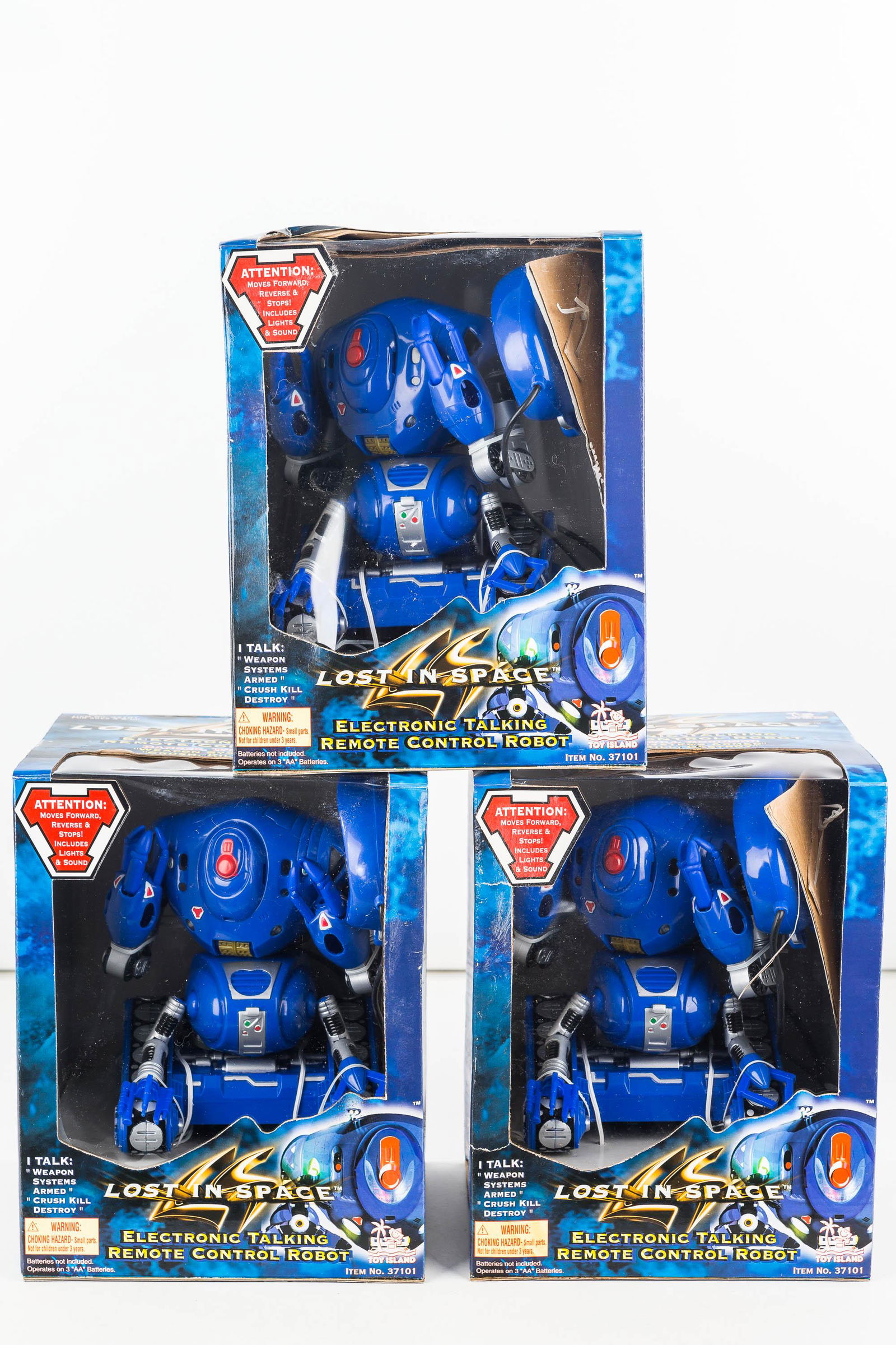 Lost in Space Robots (3) / NIB: 3 of the same, Electronic talking remote control robot item#37101 by Toy Island, They all have water damage on the side of their boxes.
