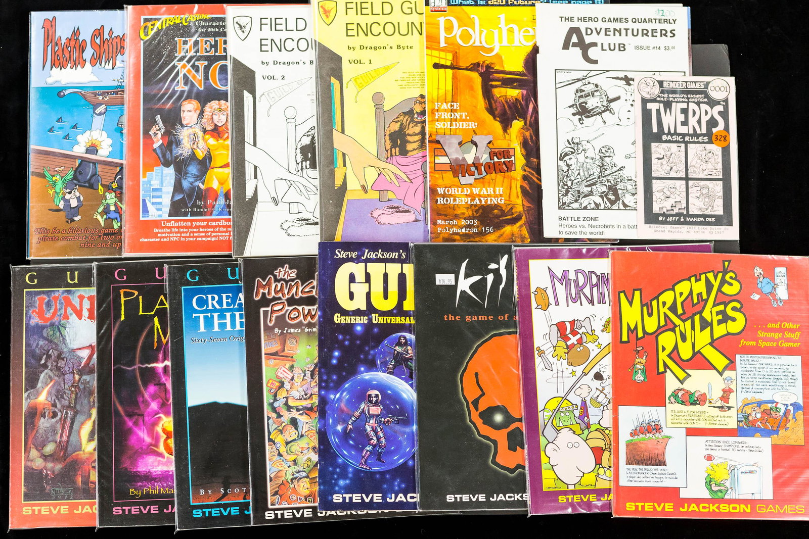 Role Playing Game (RPG) Books/Steve Jackson: Steve Jackson games (8) including Murphy's Rules (2 versions), Killer The Game of Assassination, Gurp's Basic Set Third Edition, the munchkin's Guide to Power Gaming, Creatures of the Night, Places of
