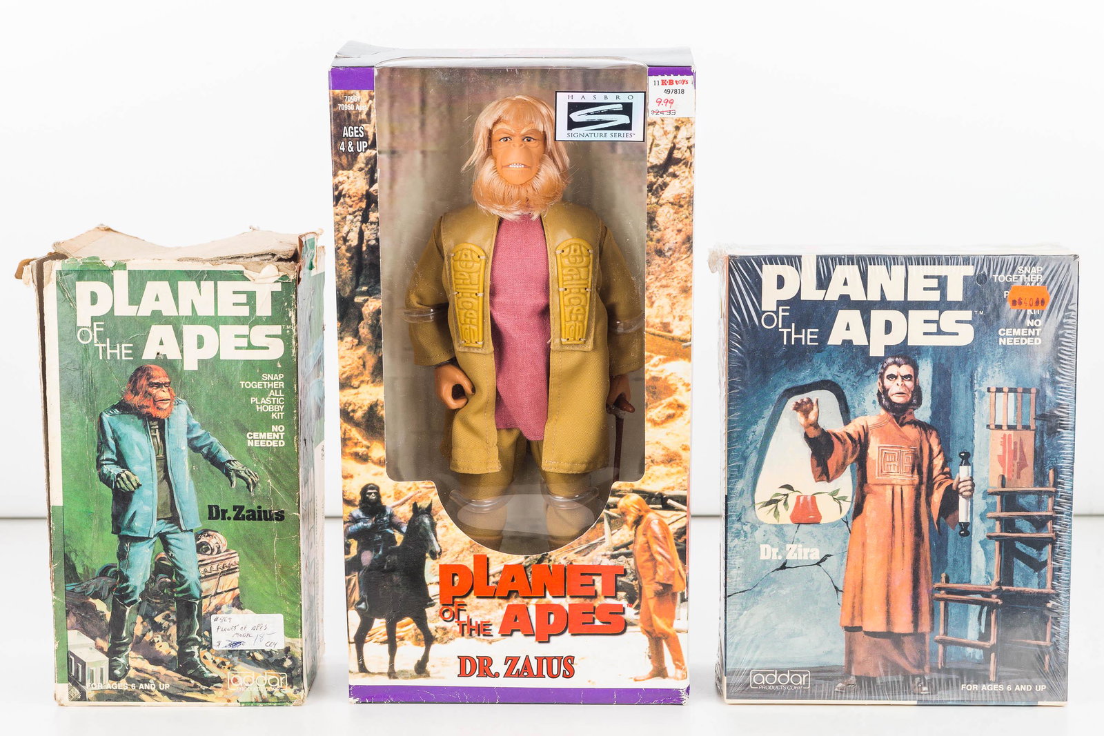 Planet of the Apes Figure and 2 Vintage Models: Hasbro Dr. Zaius 30th Anniversary Edition c1998 made by Kenner item#70961, Dr. Zira by Addar Products Co. snap together model kit c1974 sealed in original package, and Dr. Zaius by Addar c1973 (box da