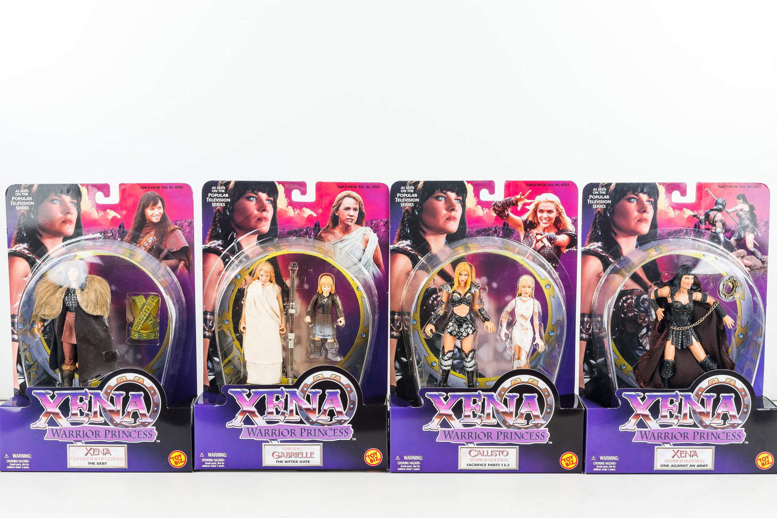 Xena Warrior Princess Action Figures (4) NIB: Four 6" tall action figures by Toy Biz includes Xena Warrior Huntress, Xena Conqueror of nations/The Debt, Callisto Warrior Goddess/Sacrifice Parts 1&2, Grieving Gabrielle/The Bitter Suite. Item # 420