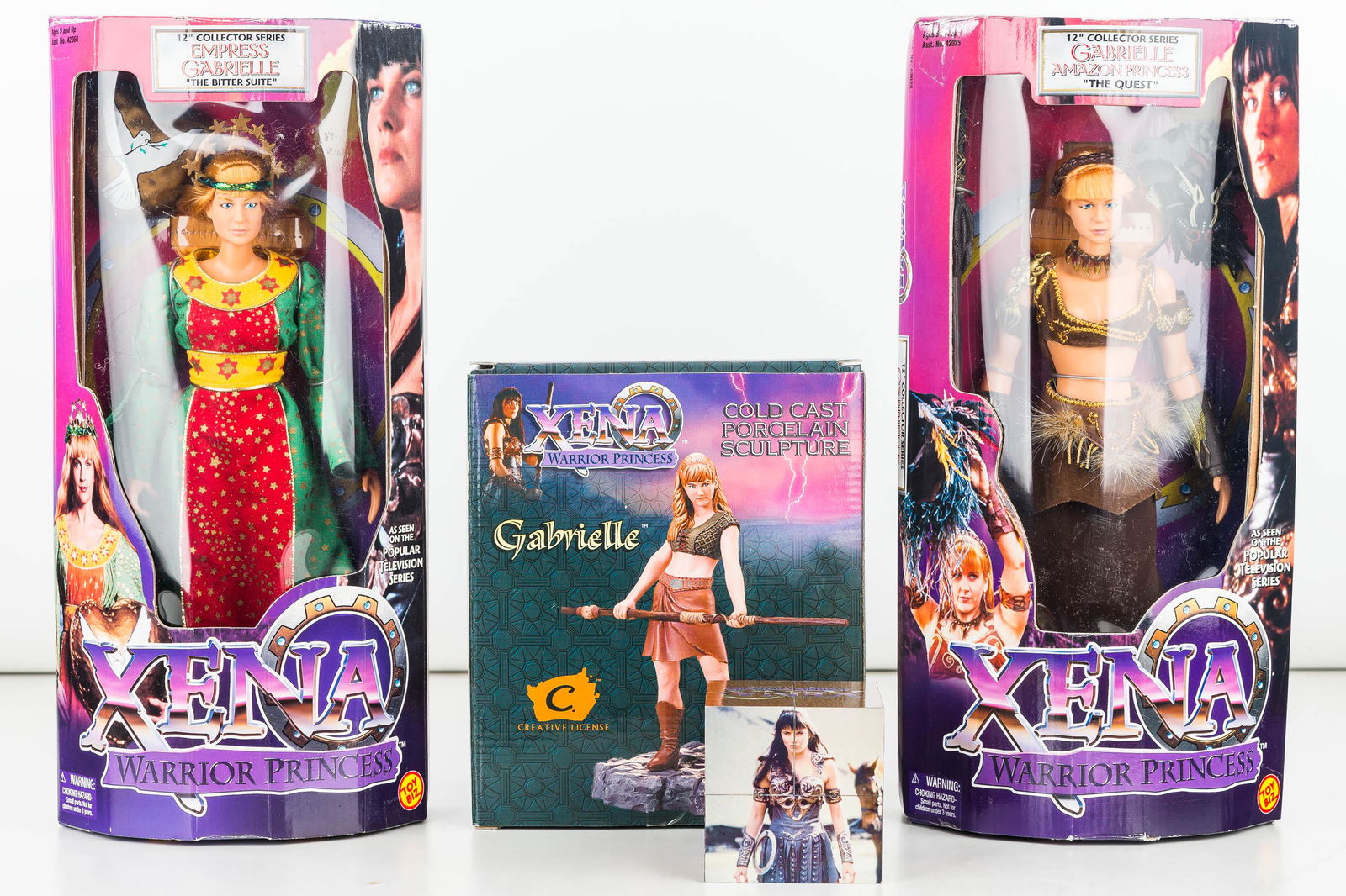 Xena Warrior Princess 12" Action Figures/Gabrielle: Two 12" tall action figures of Gabrielle, as Empress Gabrielle and Amazon Princes, by Toy Biz, item #42053 and 42027. Also includes a Gabrielle Cold Cast Porcelain Sculpture approx 6.5" tall by Creati