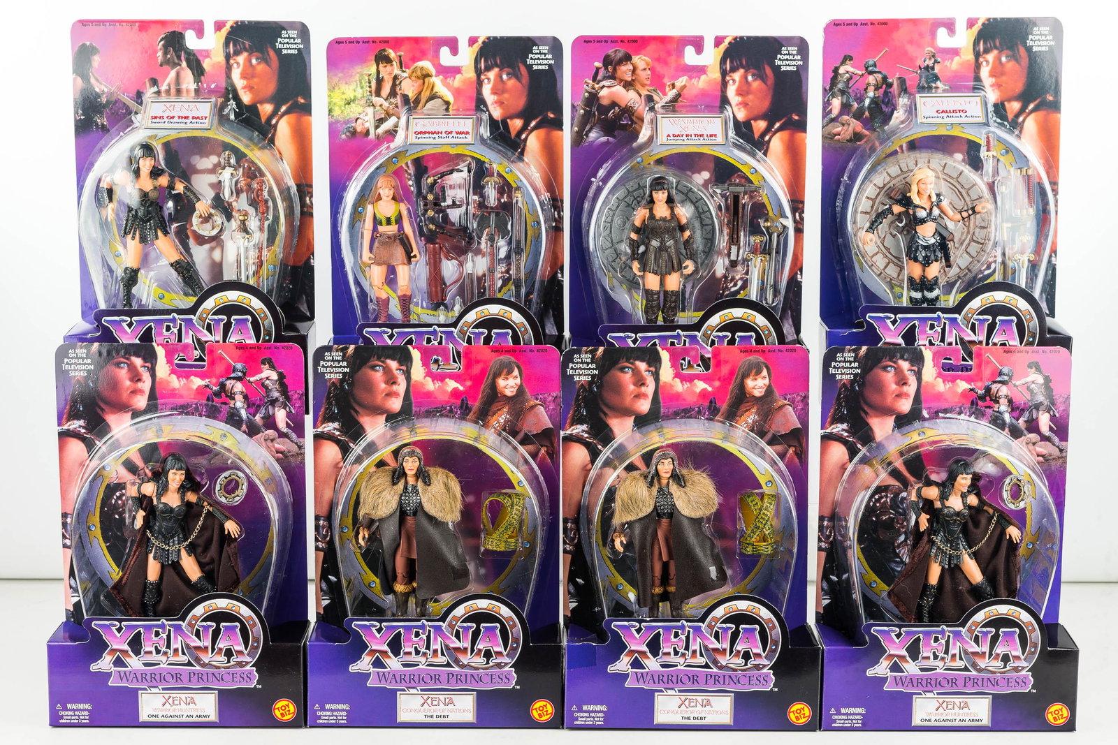 Xena Warrior Princes Action Figures (8) NIB: Eight 6" tall action figures by Toy Biz new in package includes 6 Xena's (Warrior Xena, Xena, Conqueror Xena, Warrior Huntress), Callisto, and Gabrielle. Item#42001-4, 42021 (2), and 42023 (2).