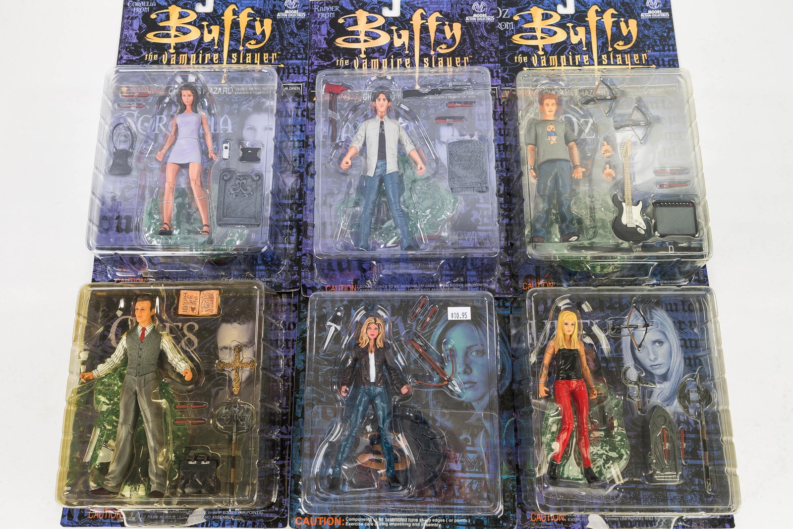 Buffy Vampire Slayer Various 6" Action Figures (6): Six 6" tall action figures by Moore Action Collectibles including Buffy x 2, Cordelia and Xander, Oz and Giles.