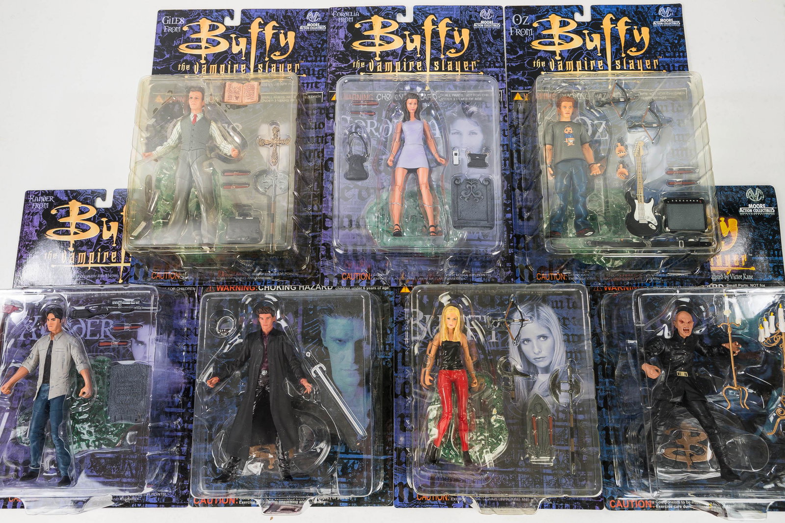 Buffy Vampire Slayer 6" Action Figures (7): Seven 6" tall action figures by Moore Action Collectibles including Buffy, Angel, Giles, Xander, Cordelia, Oz and Master. Sealed in original packaging.