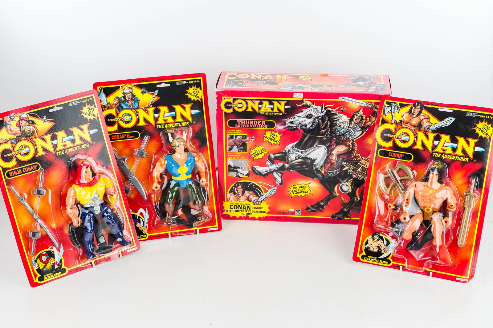 Conan Stallion and Three Action Figures: Three 7" tall motorized Conan figures including Conan, Conan the Explorer and Ninja Conan by Hasbro PLUS Conan Thunder Battle Stallion also by Hasbro, has pull string motorized kicking action. All sea
