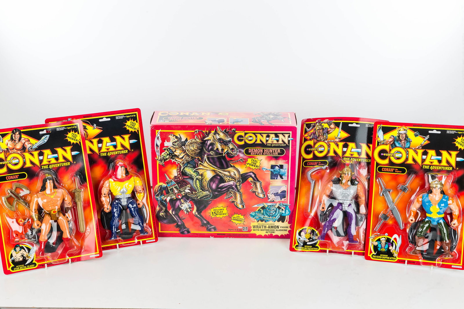 Conan Stallion and Four Action Figures: Four 7" motorized Conan figures Conan, Conan the Explorer, Conan the Warrior and Ninja Conan PLUS Demon Hunter Battle Stallion. All by Hasbro, sealed in original packaging.