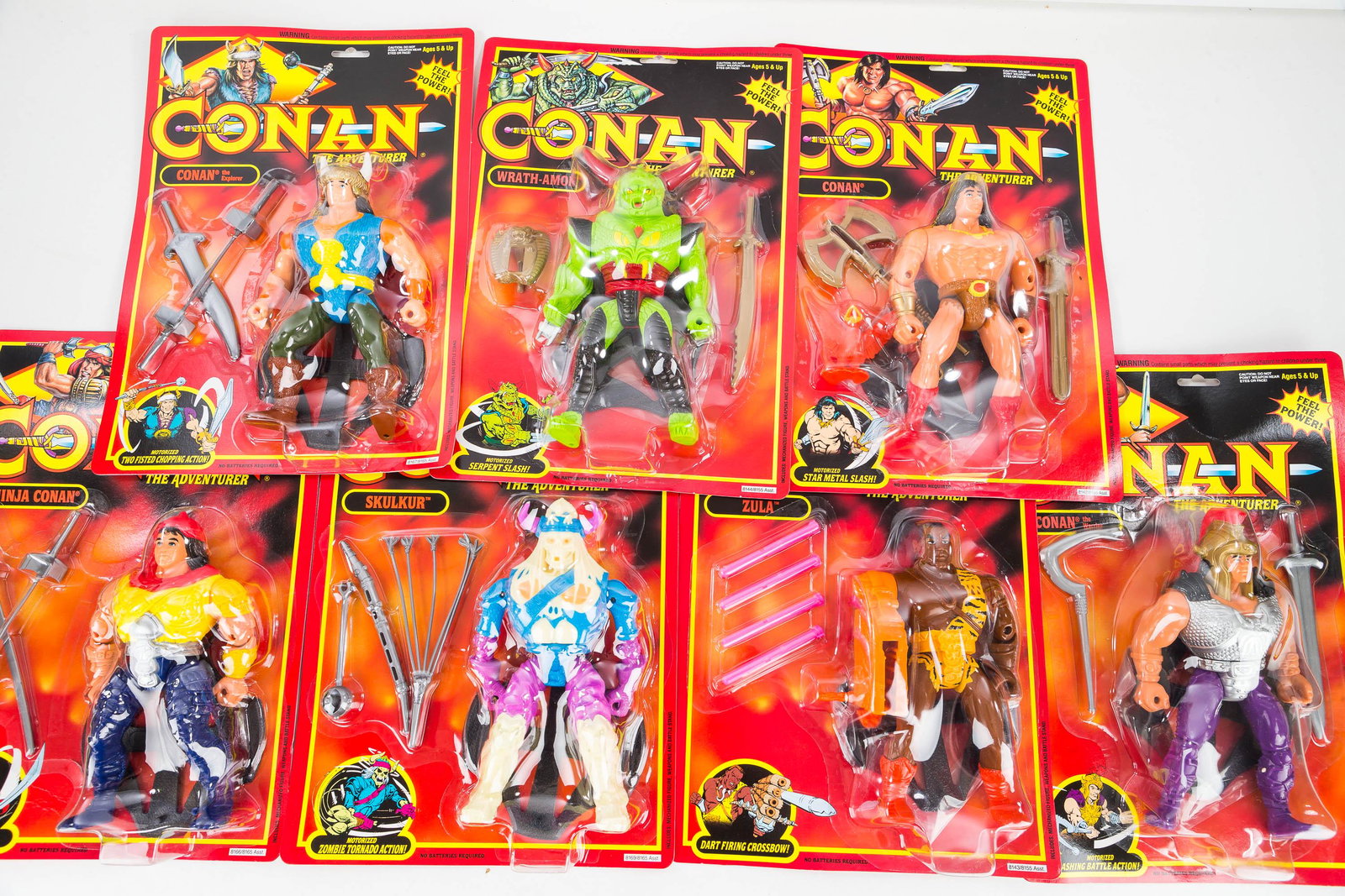 Conan 8" Action Figures (7): Made by Hasbro, some motorized, Conan figures: Conan, Conan the Explorer, Conan the Warrior, Ninja Conan, Wrath-Amon, Zula, Skulkur.