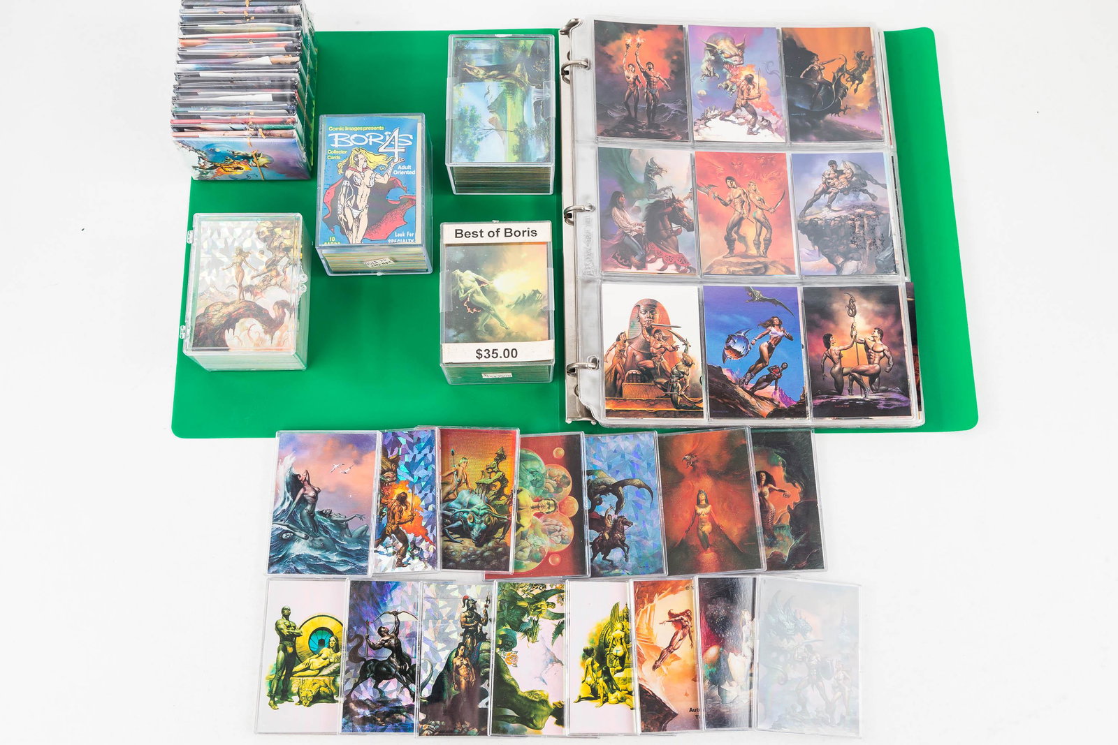 Collector Cards / Best of Boris Vallejo: Autographed card by Boris Vallejo c1991; 4 collector card sets, possibly some duplicates and also many inserts; and 25 magnets in package (approx 2"x3"). Card sets not checked for completeness.
