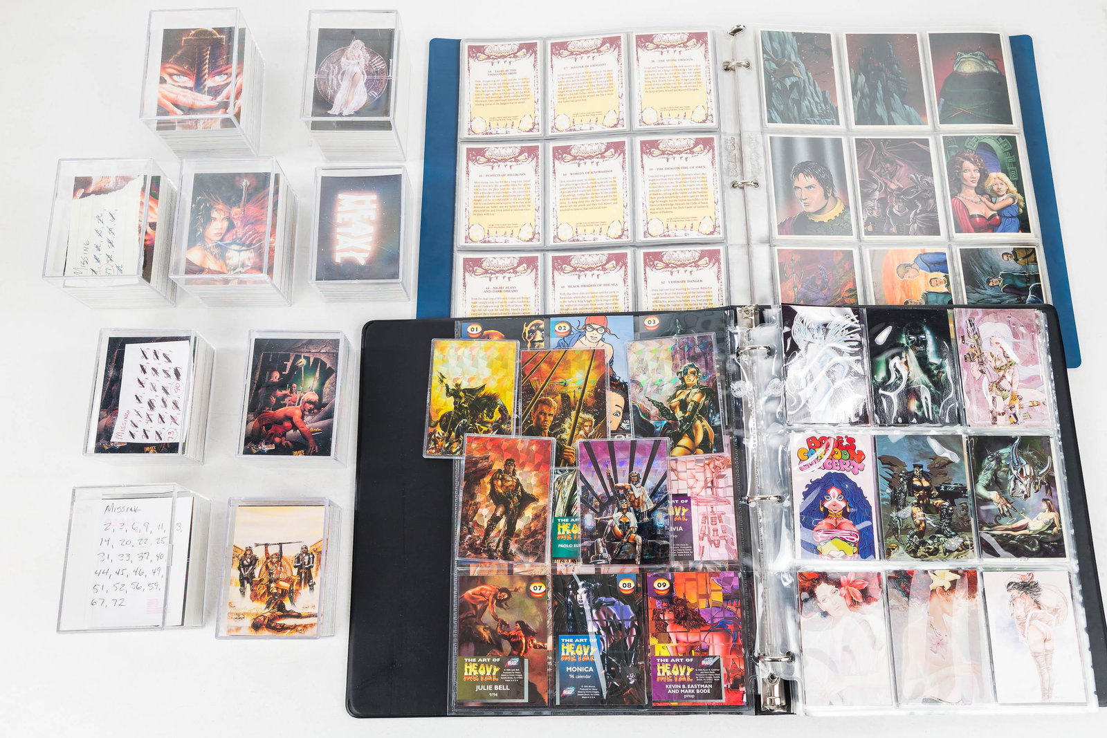 Collector Cards / Artist Luis Royo: Approx 7 different collector card sets and 2 notebooks with cards - 1 notebook is Heavy Metal cards and the other is Shadoworld and some Heavy Metal. Card sets not checked for completeness.