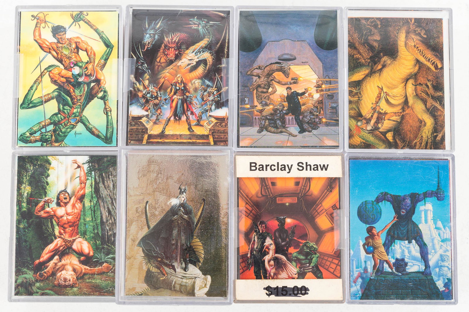 Collector Cards / Various Artists, Warhola: Eight collector card sets by various artists including Barclay Shaw c1995, James Warhola, Darryl K. Sweet c1996, plus 2 Tarzans and 3 other fantasy card sets. Card sets not checked for completeness.