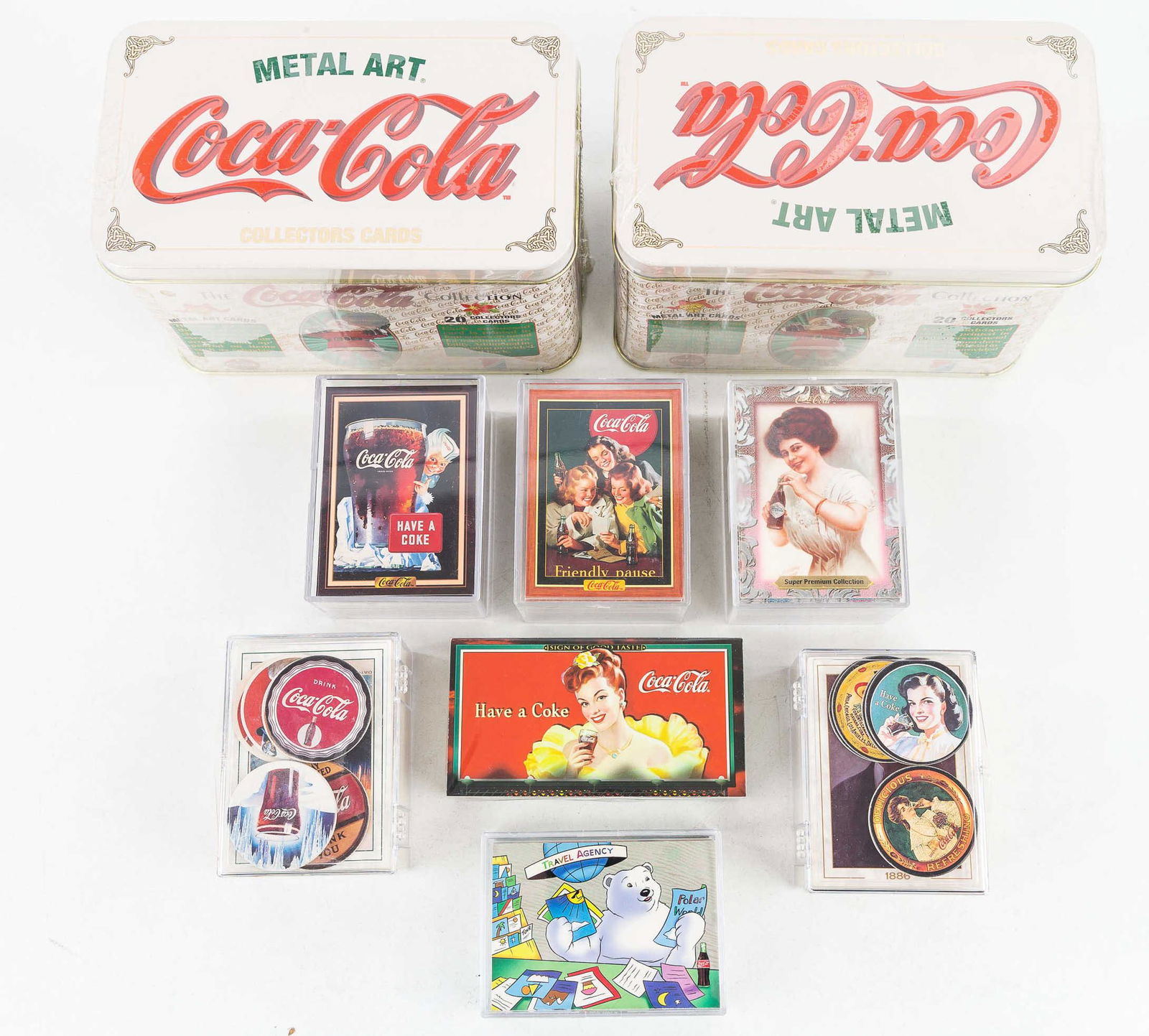 Collector Cards / Coca - Cola Advertising: Nine sets of collector cards (advertising artwork) two of which are in metal tins with original packaging, two include some bottle coasters. Card sets not checked for completeness.