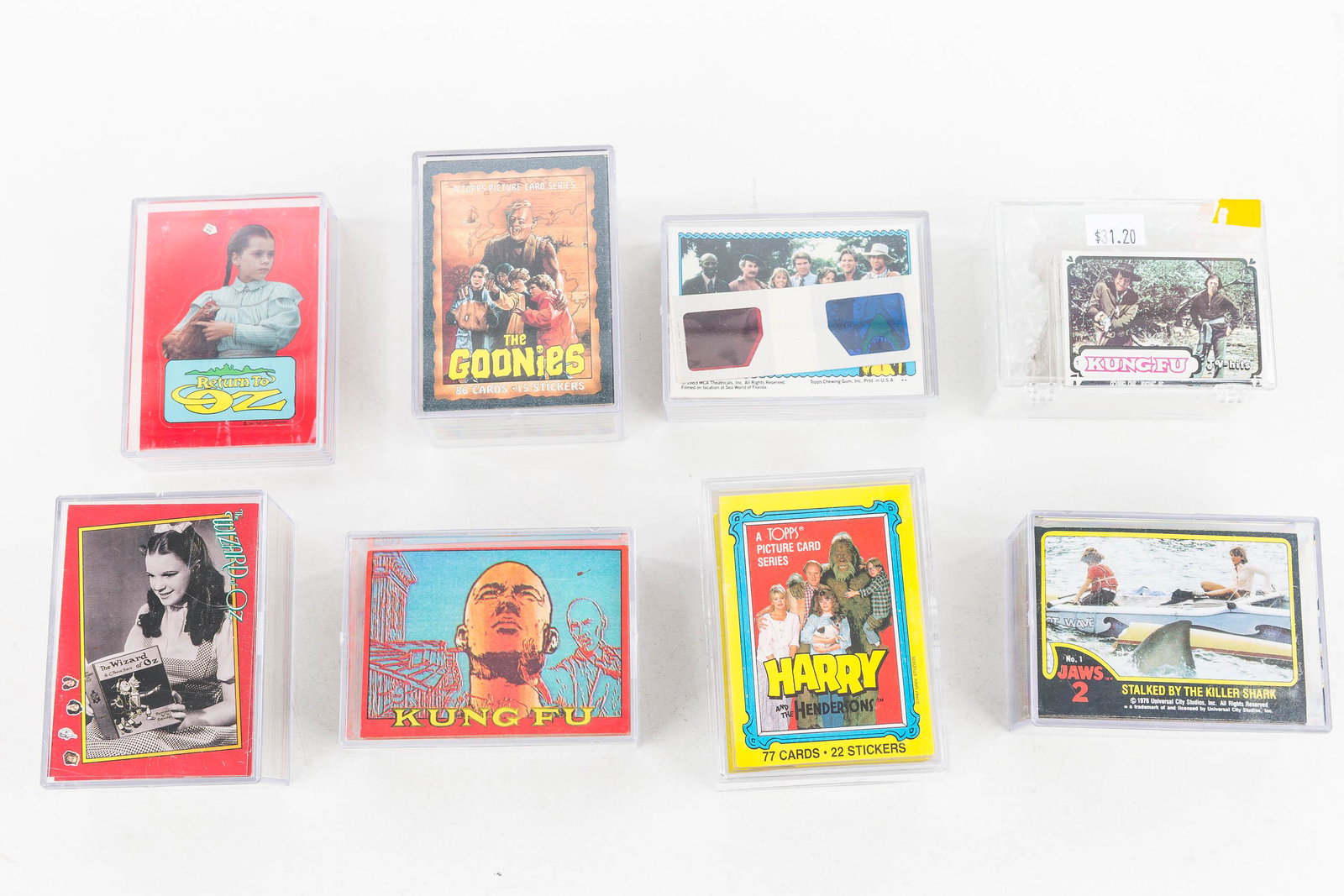 Collector Cards / 80's TV Series: Eight cards sets including 2 sets of Kung Fu, one is TV Hits; 1 Wizard of Oz and 1 Return to Oz c1985; 1 Harry and Hendersons; 1 The Goonies; 1 Jaws 2 c1978; 1 set of 3D cards with glasses c1983 (look