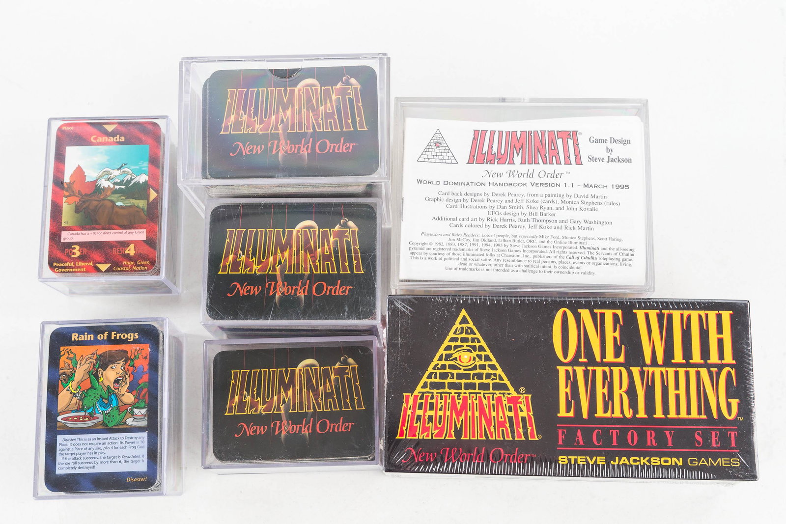 Game Cards / Steve Jackson Illuminati: One sealed Illuminati One with Everything Factory Set by Steve Jackson New World Order c1995 plus 2 other sets of illuminati cards and 4 other related sets. also includes the Handbook version 1.1 marc