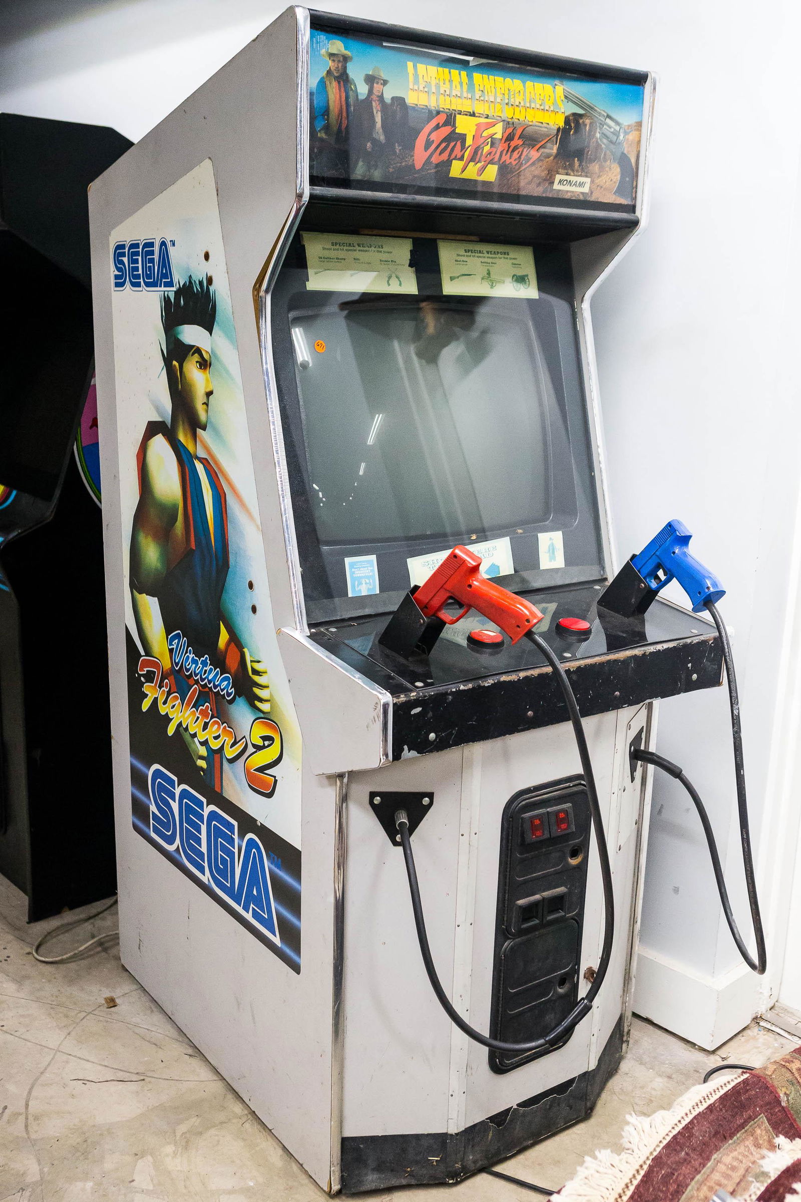 "Lethal Force" Gun Fighter Arcade Game Full Size: "Lethal Force" Gun Fighter Standup Arcade Game/Coin Operated Game- This is a full-size single player or two player standup shooting game by Konami. It has a new power unit, no lock or key, and may nee