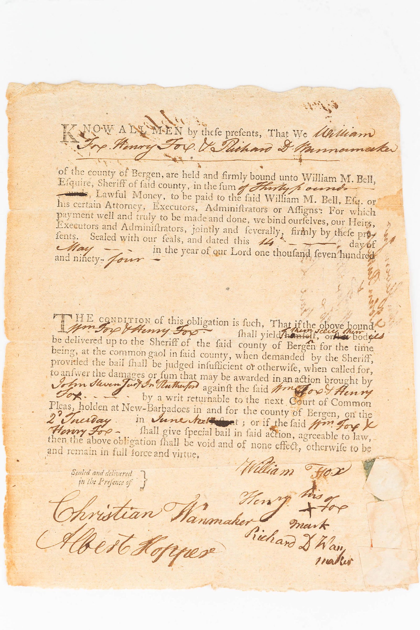 Colonial Era Bond Document, 1794 (1 of 5)