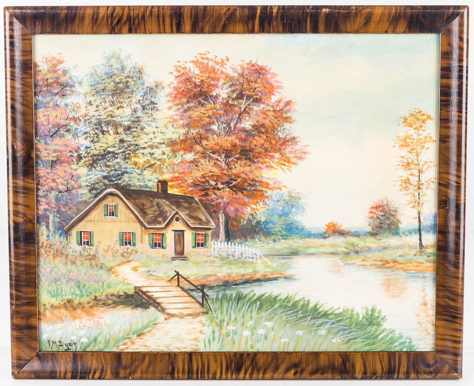 Marion Dyer Landscape with Cottage Watercolor: Exposed area is approx. 11 1/2" x 14 1/2". depicting a Cottage in a forest. Dyer was a listed York Co. PA. artist from the early 20th century.