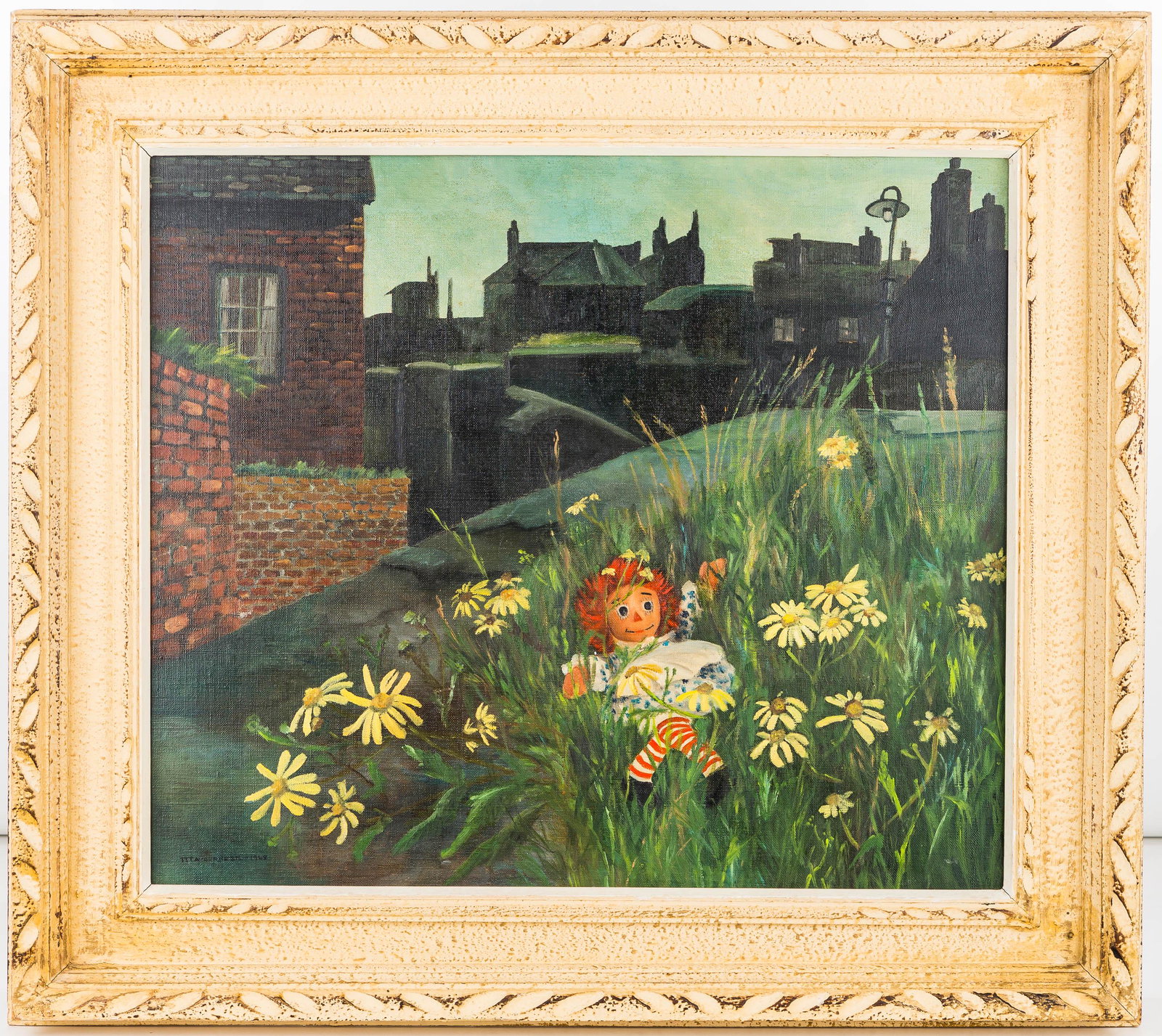 Painting on Canvas Raggedy Ann: Oil on Canvas. Exposed area approx. 17.5x20 Painting is a cityscape with Raggedy Ann among flowers. Painting has obscure signature and is dated 1968.
