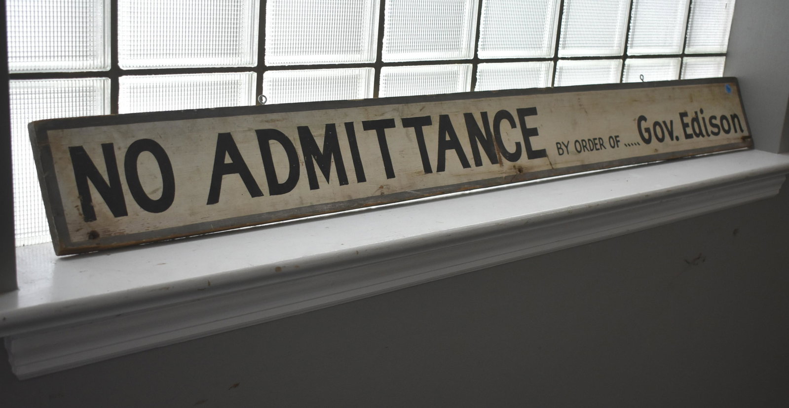 Wooden "No Entry Sign" by Gov. Edison: Large hand painted wood sign measuring 6" x 60" long. Charles Edison was Governor of NJ in the 1940s.
