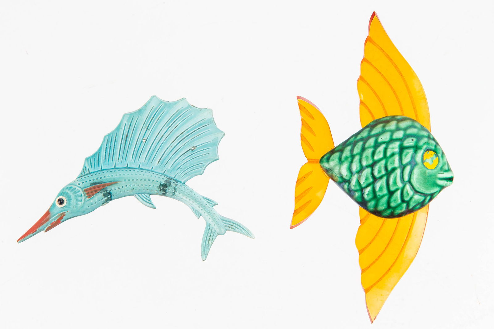 Vintage Colorful Lucite Brooches: Rare blue Lucite Marlin brooch and orange Lucite gold fish brooch with a green clay belly.