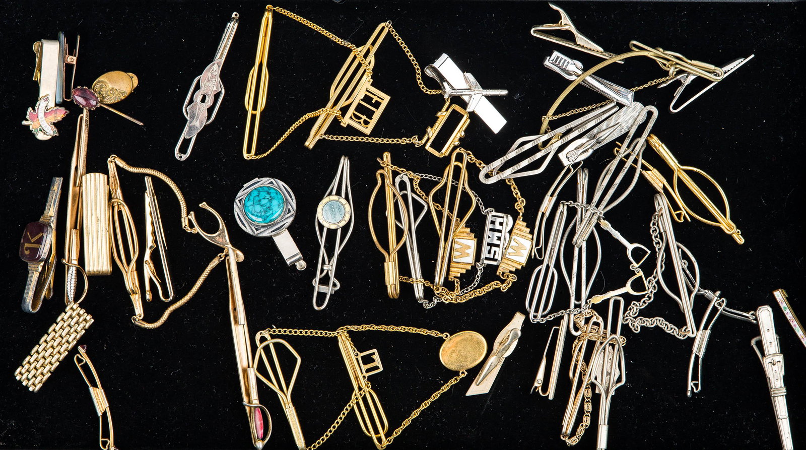 Vintage Tie Bar Collection: Tie bars include various styles enamel, brass, silver tone, Canadian maple leaf, and more.