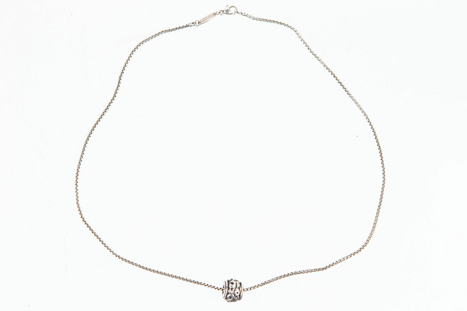 Designer Charles Krypell Sterling Necklace: Signed Charles Krypell sterling silver fine chain with single engraved bead.