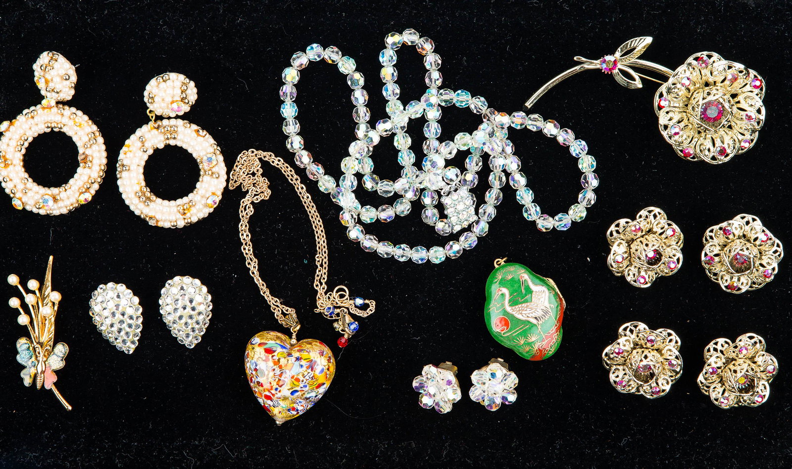 Estate Jewelry Collection: Cloisonne locket, glass heart pendant, aurora borealis necklace and clip earrings, several pairs of clip earrings and a brooch.