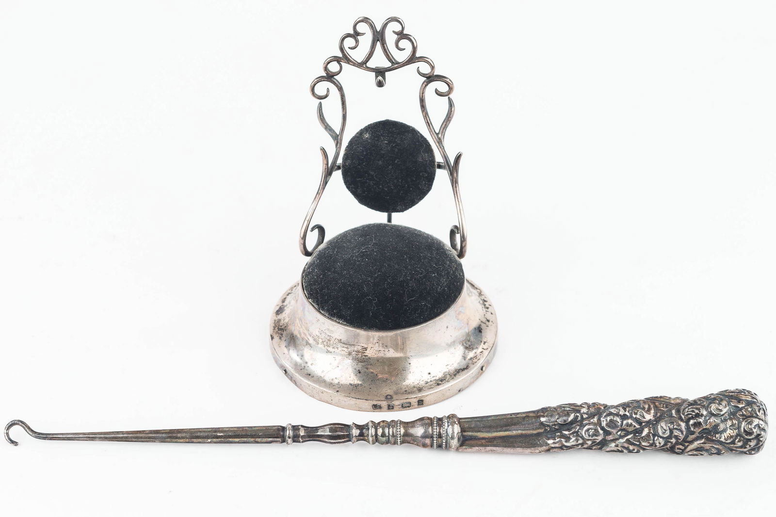 English Sterling Pin Cushion and Button Hook (1 of 6)