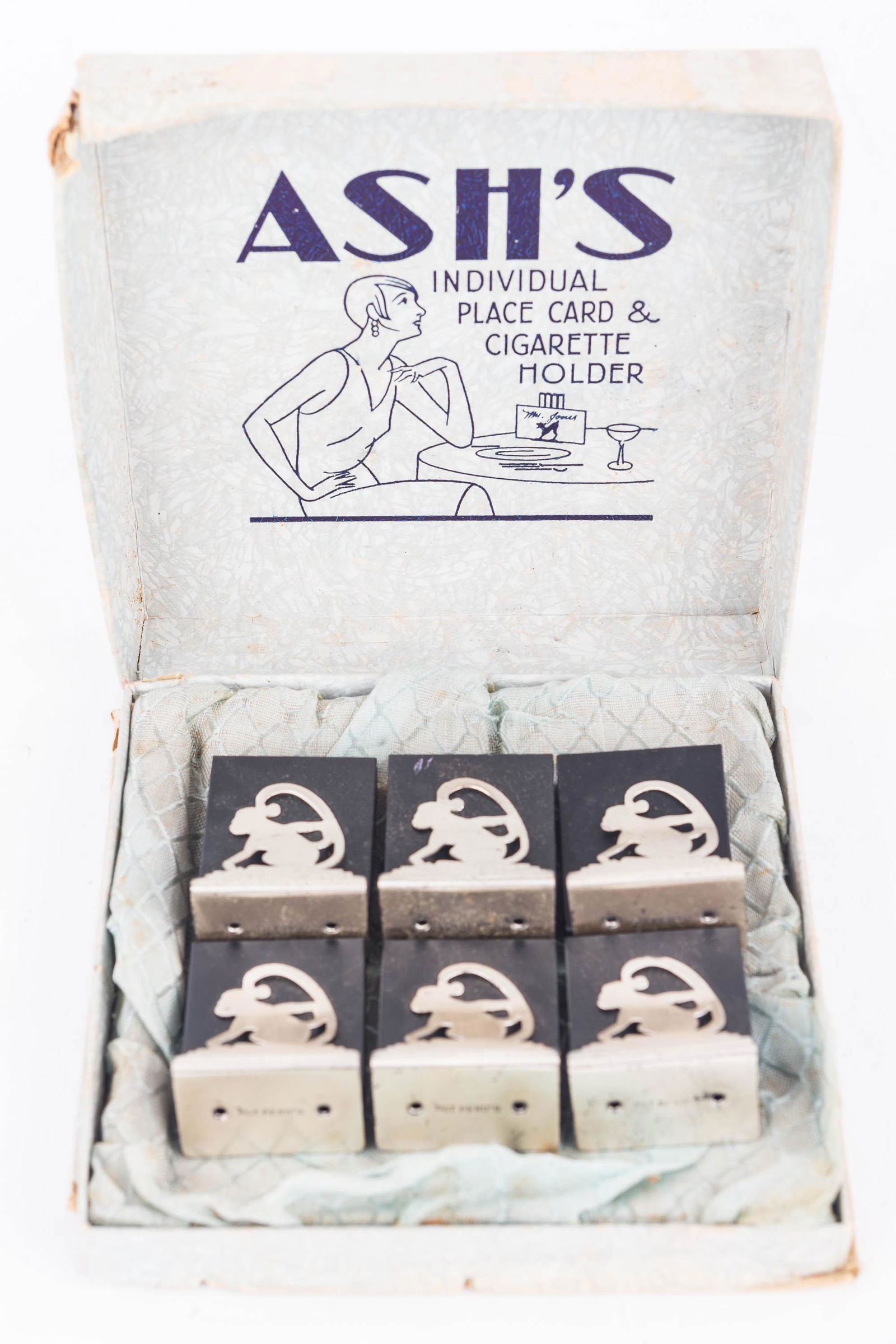 Art Deco Match Holders: "Ash's" chrome monkey place card and match holders in original box. Excellent condition.