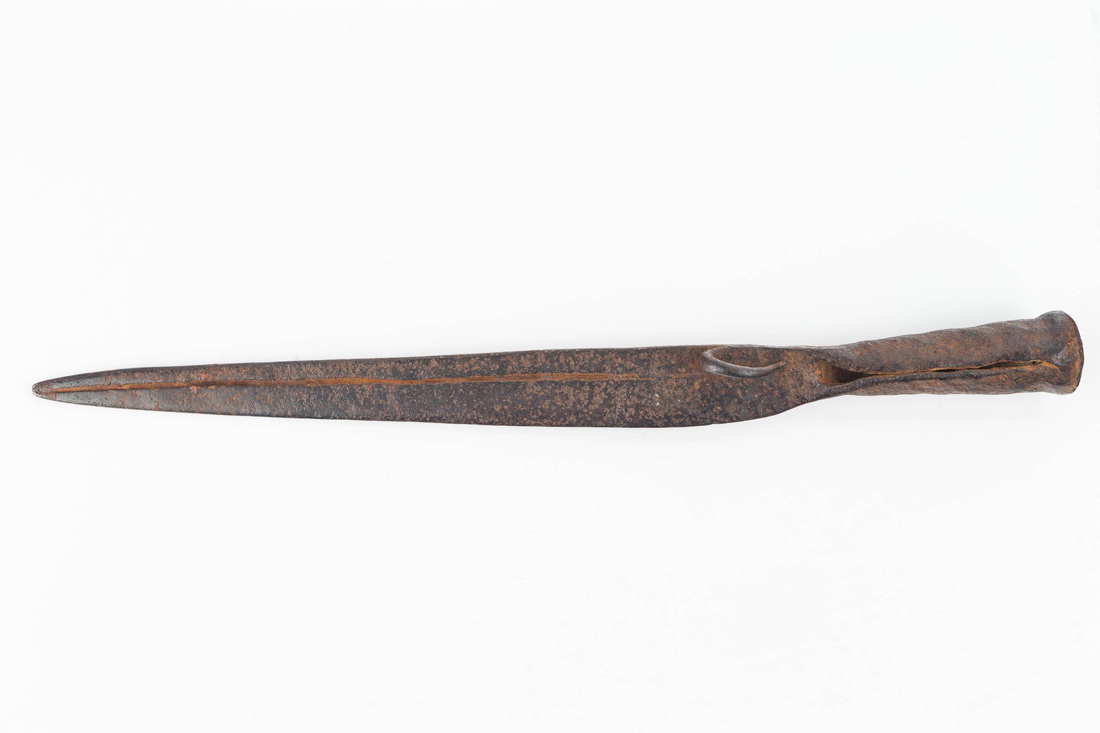 19th C. Tall Ship Boarding Pike: Pike measures approx. 16 1/2" in length, is forged from a single piece of steel, retains rat tail hook, and was used for boarding ship to ship.