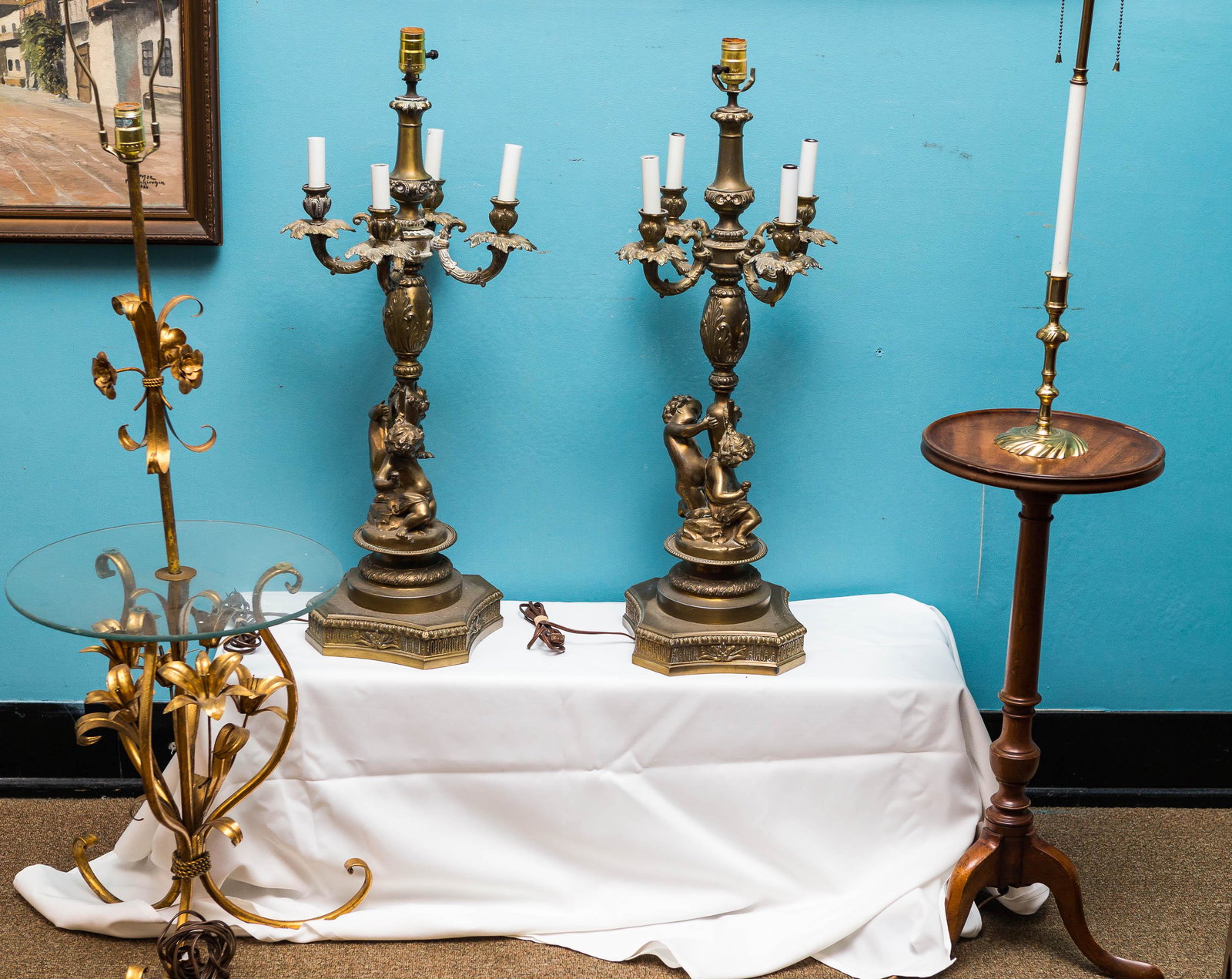 Pair of Large Scale Putti Lamps and Two Others (1 of 3)