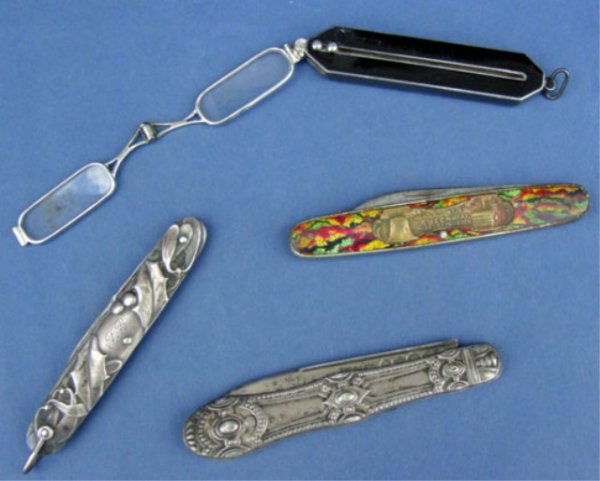 Sterling Pocket Knives & Lornet: Three Pocket Knives together with a Lornett (Opera Glasses), Two of Three Knives are Sterling. The Other is an Advertising Knife "Sesqui Centennial, Philadelphia 1776 - 1926"