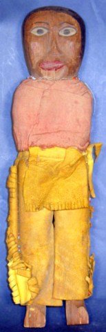19th/Early 20th C Indian Wooden Doll: Late 19th/Early 20th Century Indian Wooden Doll with Beaded Hide Leggings, Cloth Top and Beaded Necklace, approx. 13" Tall; believed to be Plains Indian