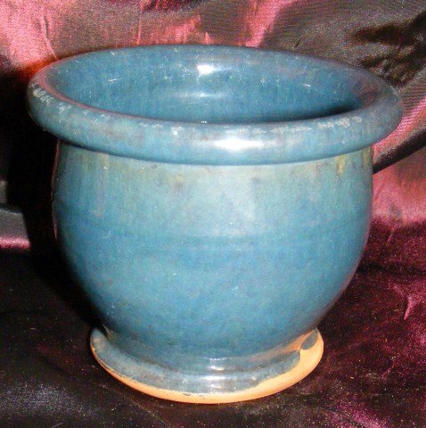 Redware Crock: Small Stahl Redware Crock with Blue Glaze; Signed "R.R. Stahl 1/16/48"; approx. 3 3/4" High