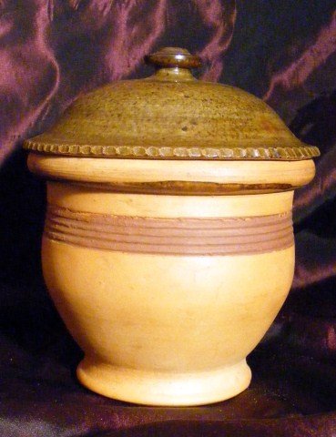 Redware Lidded Crock: Nice Stahl Redware Lidded Crock with Brown Glazed Interior and Lid and Decorated with a Brown Stripe; Signed "G.S. Stahl 12-1940"; approx. 6 3/4" High