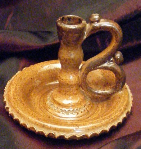 Redware Chamber Stick: Nice Stahl Redware Chamber Stick with Brown Glaze; Signed "R.R. Stahl 5-4-51"; Standing approx 3 1/2" Tall