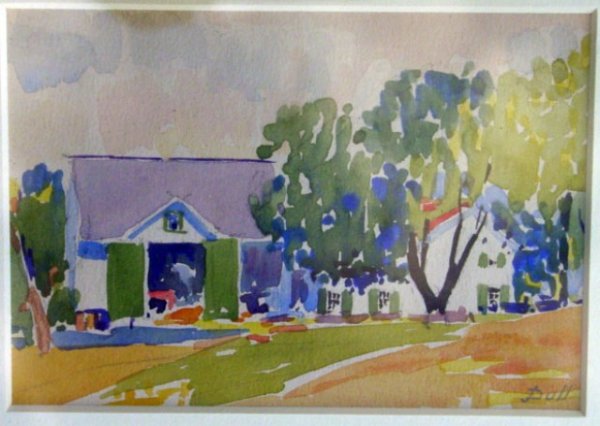 Water Color By John J. Dull: Water Color By John J. Dull, 1859-1949, Bucks County, PA; Depicting a House and Barn; approx. 3 3/4" x 5 1/2" Framed and Matted