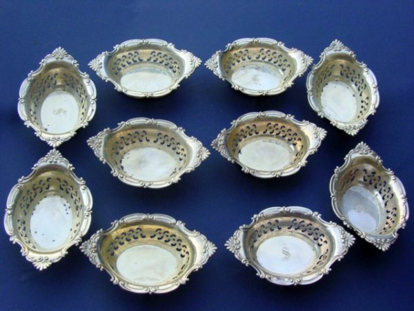 10 Sterling Silver Salt Cellars : Set of 10 Sterling Silver Salt Cellars; some with the monogram S approximately. 7.23 troy oz