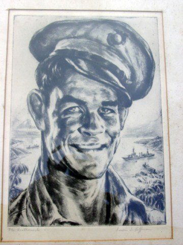 Irvin Hoffman Etching of "The Leatherneck": Irvin Hoffman Etching of "The Leathernecck" on Paper, 1901-1989, signed on the Lower Right, approx. 7 3/4"" x 11"; Hoffman was Born in Boston and Did Most of HisWork in NY