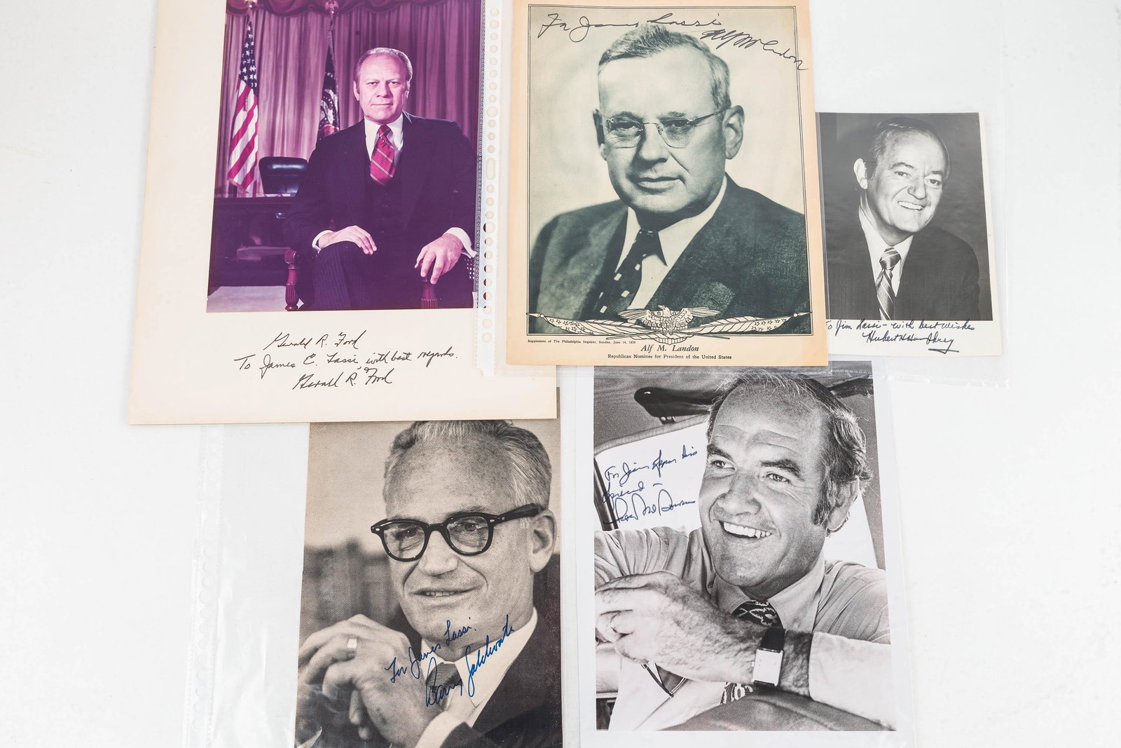 Political Autograph Photos: Including Hubert Humphrey, Alf M. Landon, Barry Goldwater, Gerald Ford, and another.
