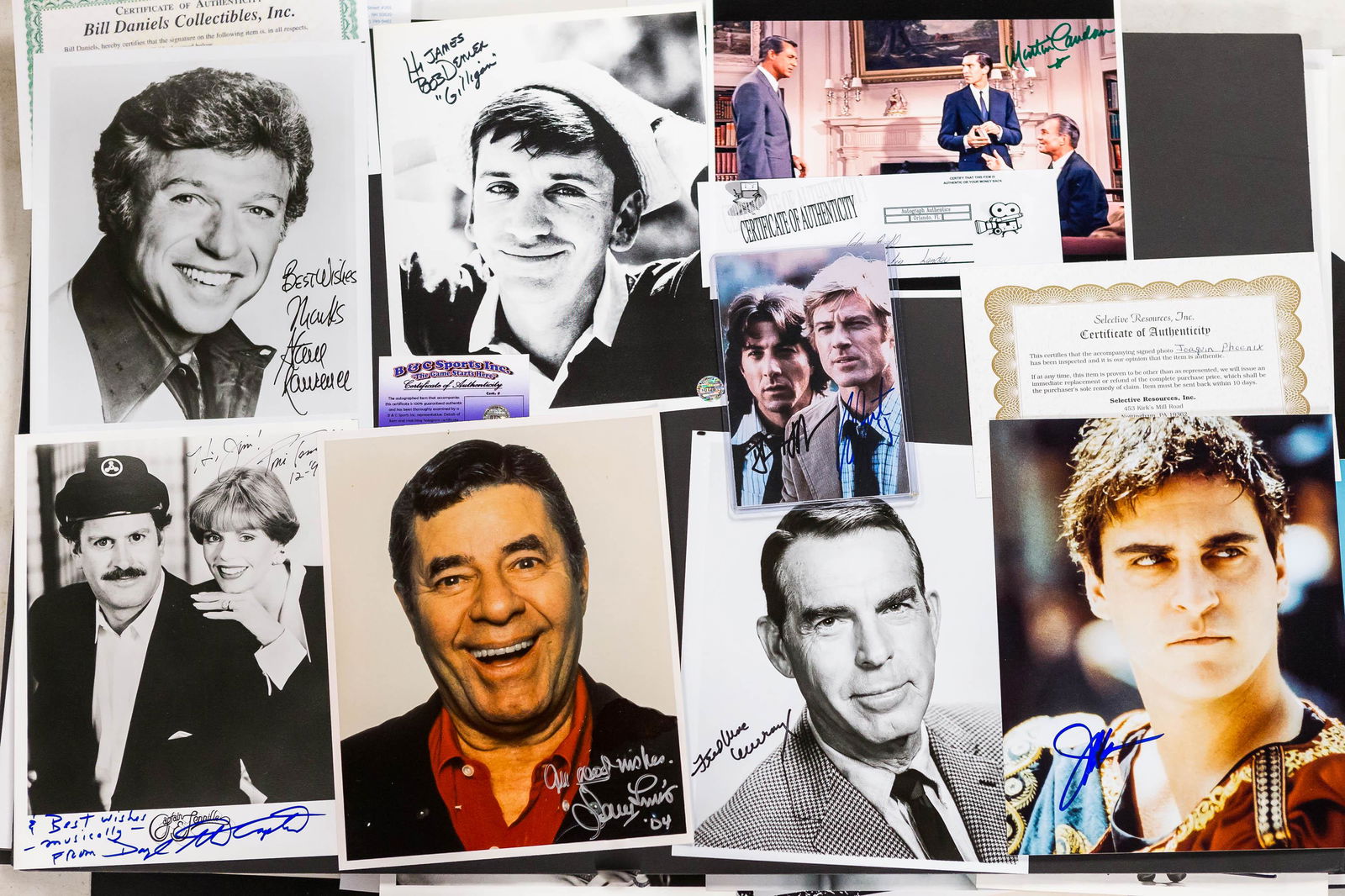 Autographed Photos- Some Certified: Bob Denver, Joaquin Phoenix, Robert Redford, Dustin Hoffman, Jerry Lewis, and others. Several are certified.
