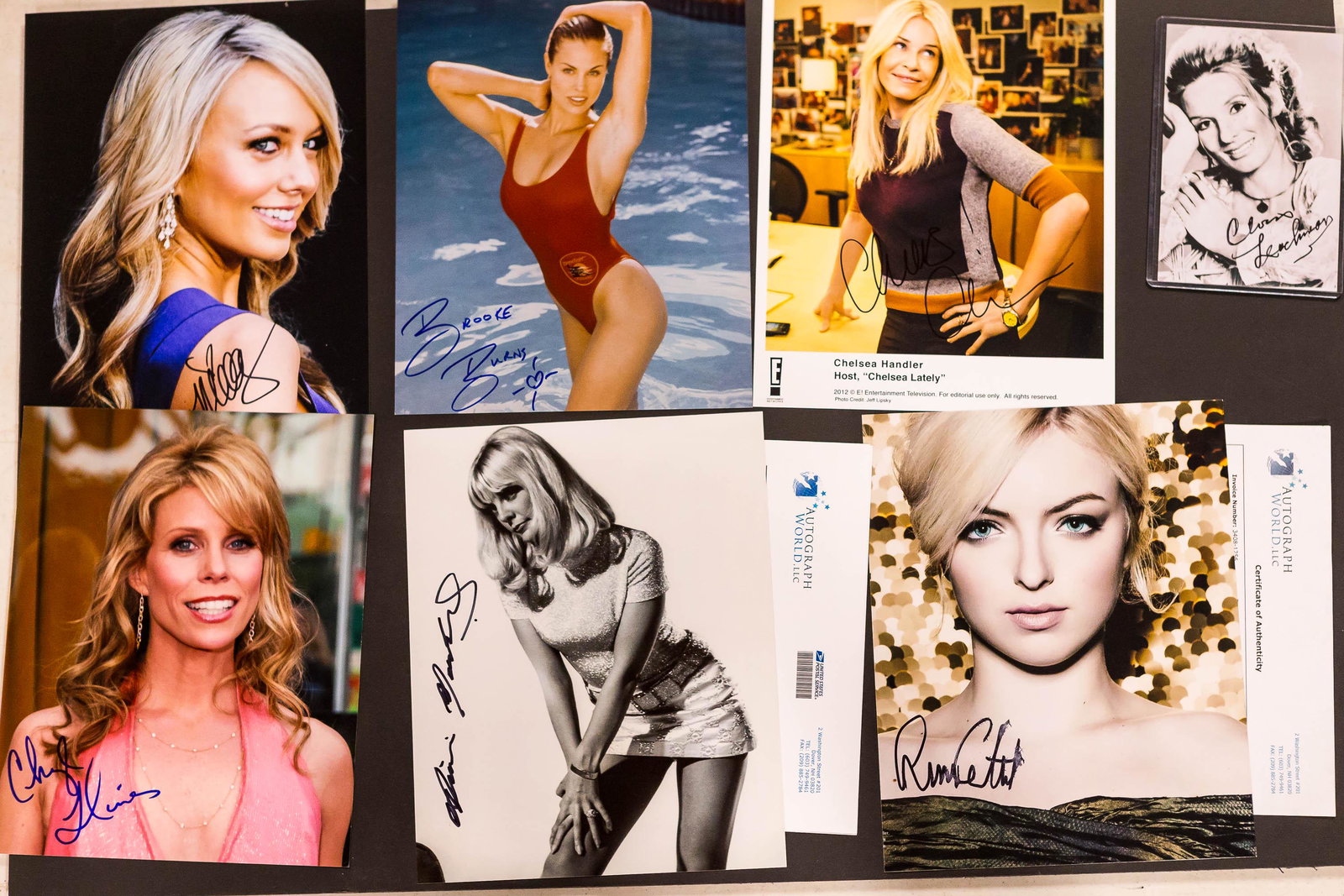 Grouping of Autographed Photos: Brooke Burns, Chelsea Handler, Cloris Leachman, Francesca Eastwood, and others. Some are certified.
