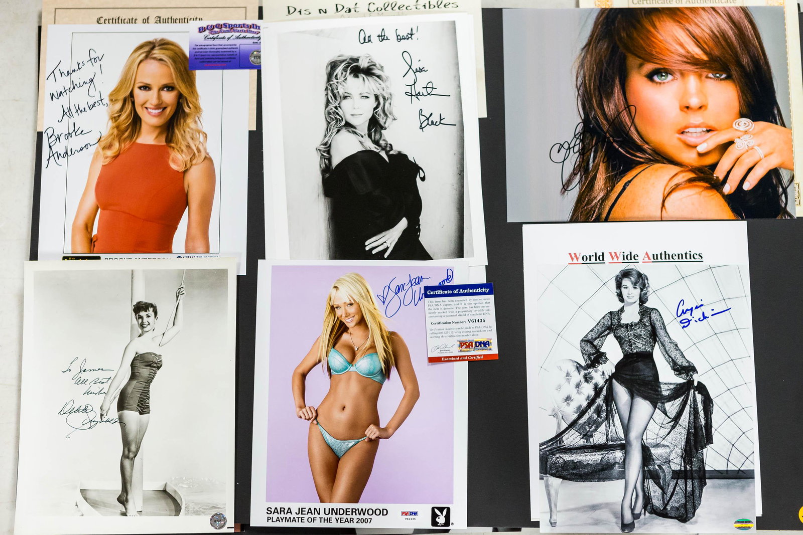 Grouping of Autographed Photos: Lindsay Lohan, Sarah Jean Underwood, Brooke Anderson, Debbie Reynolds, Lisa Hart Black; most are certified.