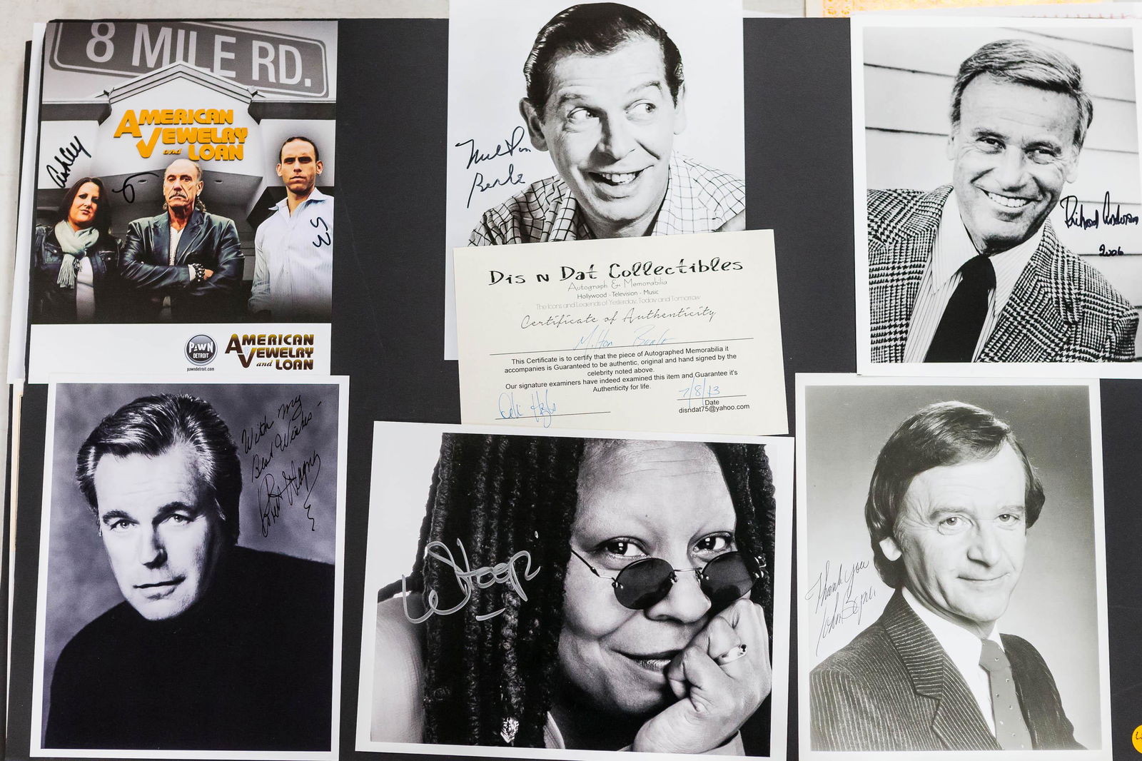 Grouping of Autographed Photos: Including Whoopi Goldberg, Robert Wagner, Milton Berle, and others. Milton Berle is certified.
