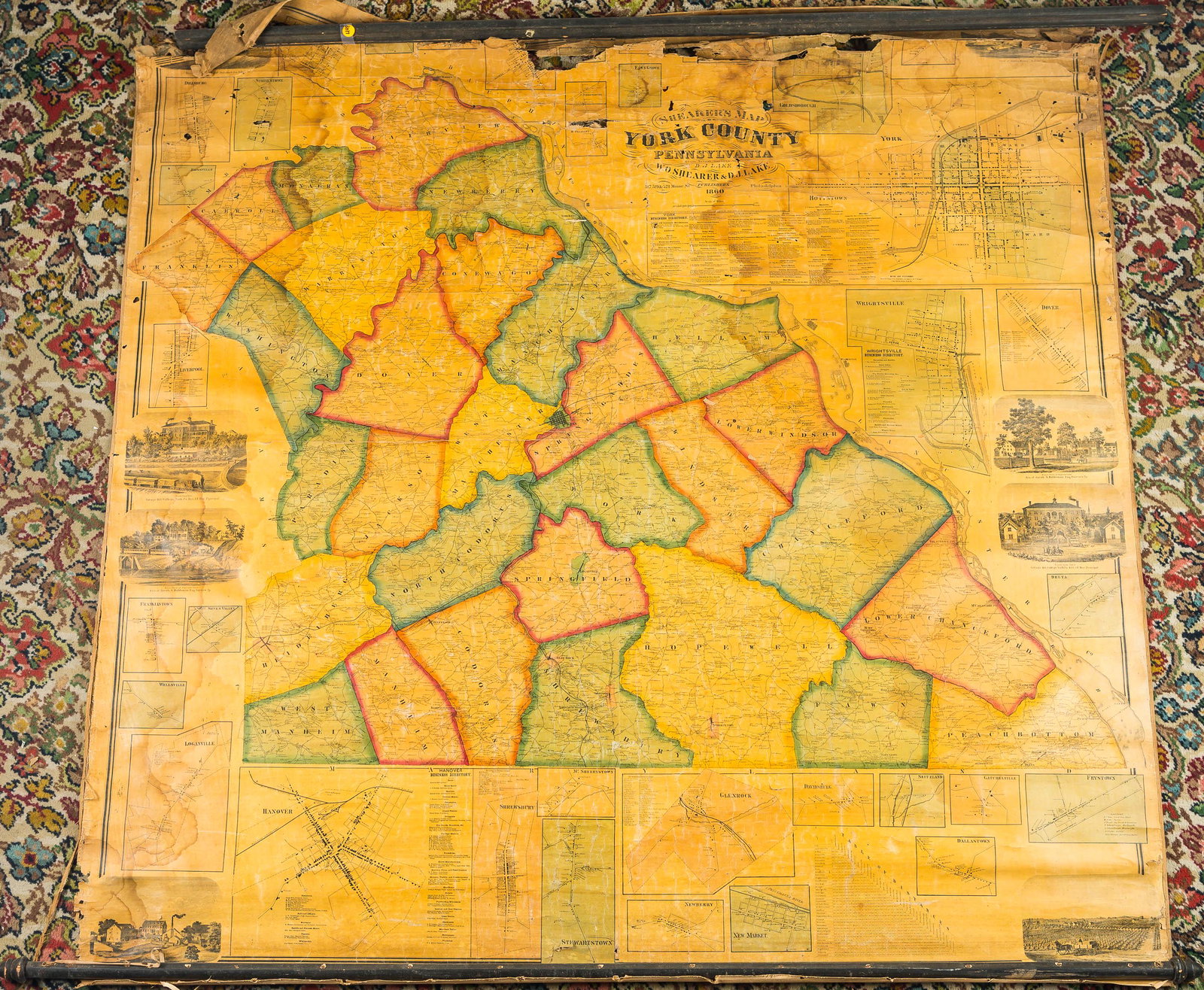 Shearer's Map of York County, PA 1860: Measures approx. 5' by 5'. It has lithography of important buildings along border; has some water damage and is fractured at top.