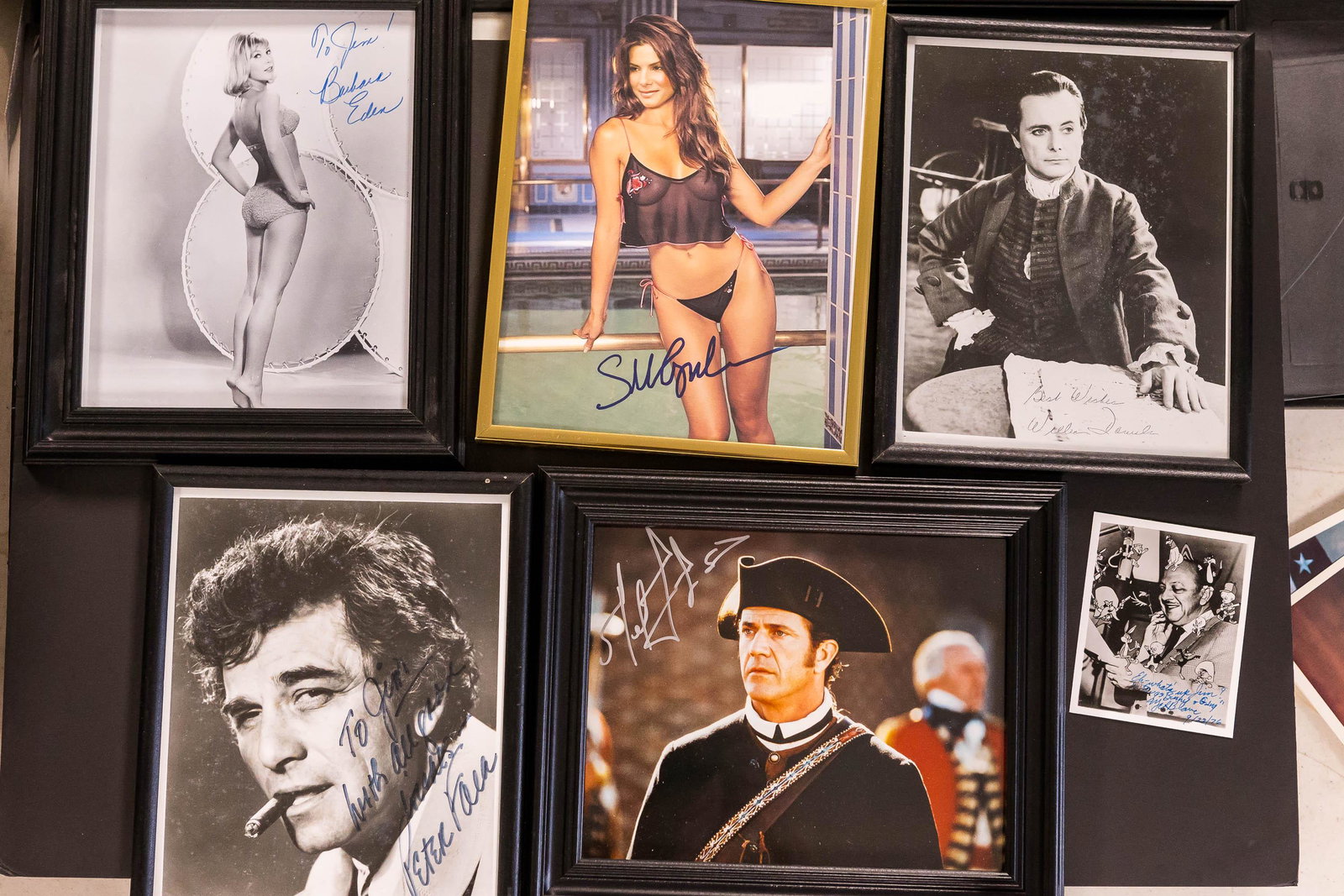 Actor and Actress Autographed Photos: Barbara Eden, Peter Falk, Mel Gibson, Sandra Bullock, and another.