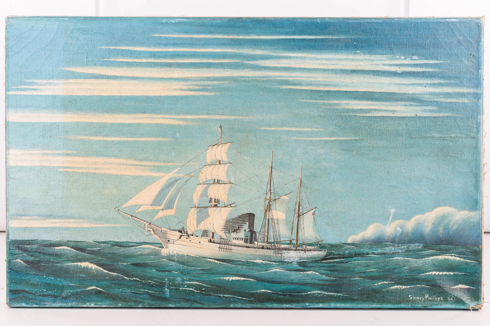 Painting of a Tall Ship by Sidney Phillips: Item measures approx. 14.5" by 24". It depicts a tall ship on the open sea. It is oil on canvas and is signed Sidney Phillips '66, lower right.